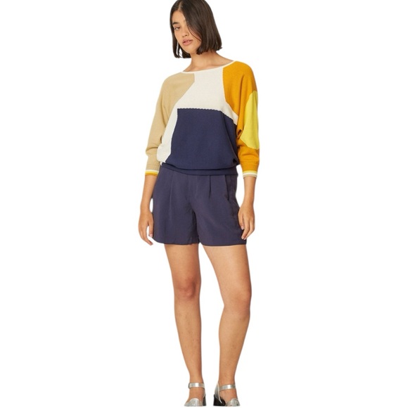 NWT SKFK Naike Multicolor Blue Cream Gold Batwing Cotton Sweater Medium Reg $109 - Picture 2 of 12